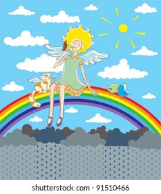 Angel eats ice cream. Vector illustration without gradient.