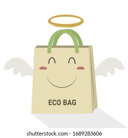 Angel eco bag vector illustration cartoon isolated on white background. Cute cloth bag vector cartoon. Cloth bag reduce global warming poster.