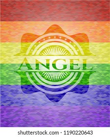 Angel emblem on mosaic background with the colors of the LGBT flag