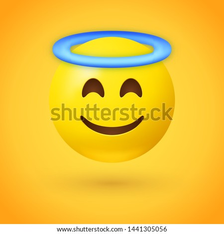 Angel emoji with smiling eyes, closed smile and blue halo overhead