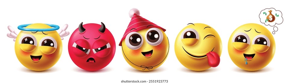 Conjunto de personajes de Vector de emoji de ángel. Ángel de emojis y personaje malvado con expresión facial Clipart amarillo 3d como Elementos gráficos de dinero amistosos, enojados, lindos, guiñando el ojo, traviesos y sedientos. Vector 