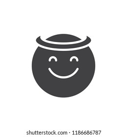 Angel face emoticon vector icon. filled flat sign for mobile concept and web design. Smiling face emoji with halo simple solid icon. Symbol, logo illustration. Pixel perfect vector graphics