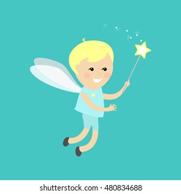 Angel fairy boy . Flying fairy with a magic wand on a blue background