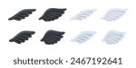 Angel or fairy personage of game design, isolated fantasy or gothic wings with feathers. Vector set of realistic 3d assets for gaming. Spiritual and peace symbol, angelic black and white wing