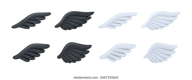 Angel or fairy personage of game design, isolated fantasy or gothic wings with feathers. Vector set of realistic 3d assets for gaming. Spiritual and peace symbol, angelic black and white wing