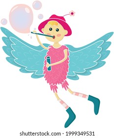 an angel or a fairy with wings inflates soap bubbles. Vector illustration