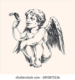 Angel with a feather, engraving on pink.