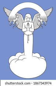 Angel with Feather Wings on Cloud and Reno Ribbon Banner. Linear isolated drawing for coloring book. Vector illustration