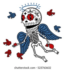 Angel feeding birds crumbs. Calaveras. Vector flat and linear Illustration of skeleton. Web banners, advertisements, brochures, business templates. Isolated on a white background.
