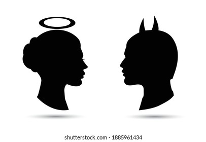 Símbolo femenino ángel y símbolo masculino del diablo. Ilustración vectorial de icono negro de hombre y mujer