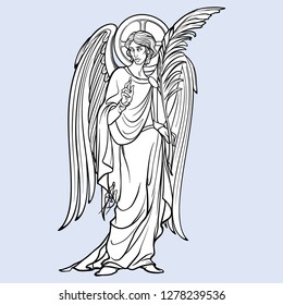Angel figure with blessing gesture and palm branch. Medieval gothic style concept art. Design element. Black a nd white drawing isolated on grey background. EPS10 vector illustration