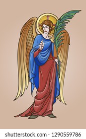 Angel figure with blessing gesture and palm branch. Medieval gothic style concept art. Design element. Brightly colored drawing. Medieval Manuscript pallette. EPS10 vector illustration