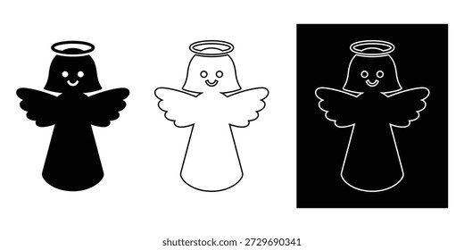 Anjo figura com asas e halo. Versões de preenchimento sólido, contorno e plano de fundo preto invertido.