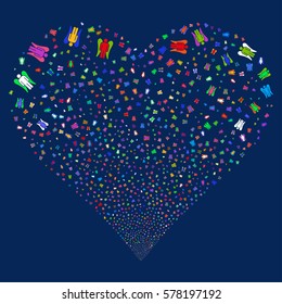 Angel fireworks with heart shape. Vector illustration style is flat bright multicolored iconic symbols on a blue background. Object salute done from scattered design elements.