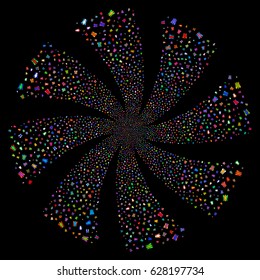 Angel fireworks swirl rotation. Vector illustration style is flat bright multicolored iconic symbols on a black background. Object whirlpool organized from random symbols.