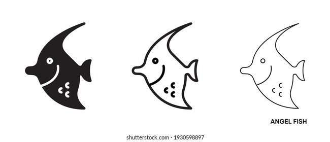 Angel Fish Line Icon Set. Such Icons Include Thin, Thick And Silhouette Angel Fish Icon Set. Editable Line. Fish Icon. Fish Logo Template. Creative Vector Symbol Of Fishing Club Or Online Web Shop.