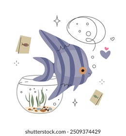 angel fish with fish tank. vector illustration of tropical fish. pet shop. fish food. editable stroke