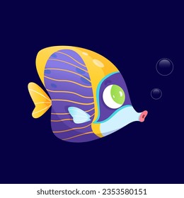 Angel fish vector illustration. Cartoon isolated baby emperor angelfish character on dark blue background of sea water with bubbles, cute exotic underwater marine animal of tropical sea and ocean