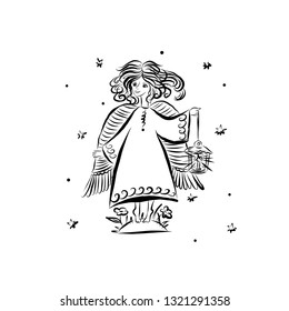 Angel with flashlight. Graphic vintage linear drawing. Concept for religious holidays - Easter, Christmas. Bible symbol. Illustration for children's books, cards