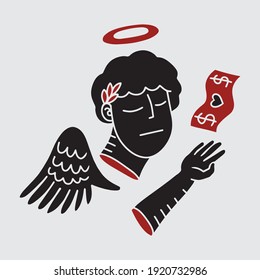 An angel flies hopelessly and begs for money. This design can be used for T-shirts, stickers, and so on.