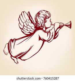 angel flies and plays the trumpet , religious symbol of Christianity hand drawn vector illustration sketch.
