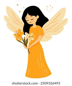 Angel with Flower. Flat Vector Illustration