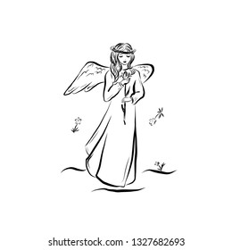 Angel with a flower. Graphic vintage linear drawing. Concept for religious holidays - Easter, Christmas. Bible symbol. Illustration for children's books, cards