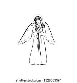 Angel with a flower. Graphic vintage linear drawing. Concept for religious holidays - Easter, Christmas. Biblical heavenly symbol of man with wings. 