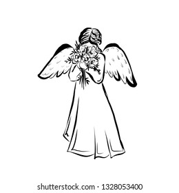 Angel with a flower. Graphic vintage linear drawing. Concept for religious holidays - Easter, Christmas. Biblical heavenly symbol of man with wings. 