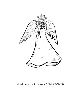 Angel with a flower. Graphic vintage linear drawing. Concept for religious holidays - Easter, Christmas. Biblical heavenly symbol of man with wings. Illustration for children's books, cards