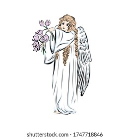 Angel with flower. Holy man worship god. Ascension Jesus. Spiritual woman prays to God. Fantasy religion symbol. Design for Christmas card, religious holiday, book illustration