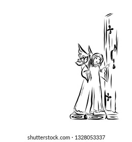 Angel with flower is knocking on the door. 