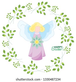Angel with a flower on a background with sprigs. Happy Easter!