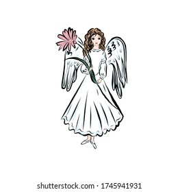 Ángel con flor. Adorar a dios. Ascensión Jesús. La mujer espiritual reza a Dios. Símbolo de religión fantasmal. 