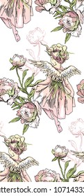 Angel and flowers seamless pattern. Vector illustration of peony flowers and Angel girl flying.