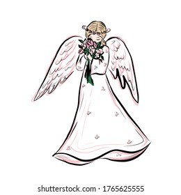 Angel with flowers. Symbol of god. Cute little girl. Concept of resurrection of Jesus Christ. Christmas, Easter design. 