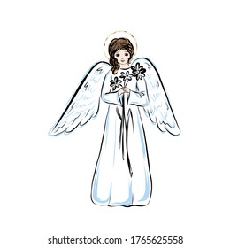 Angel with flowers. Symbol of god. Cute little girl. Concept of resurrection of Jesus Christ. Christmas, Easter design. 