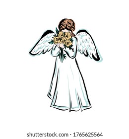 Angel with flowers. Symbol of god. Cute little girl. Concept of resurrection of Jesus Christ. Christmas, Easter design. 