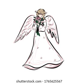 Angel with flowers. Symbol of god. Cute little girl. Concept of resurrection of Jesus Christ. Christmas, Easter design. 