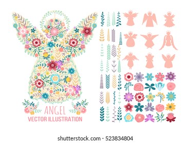 
Angel of flowers. Vector collection with spring and summer elements: flowers, wreaths, branches, angels, pattern brushes. Floral design set. Angel silhouettes on the white background. Vector