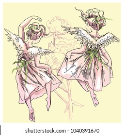 Angel and flowers vector illustration. Drawing of peony flowers and Angel girl flying.