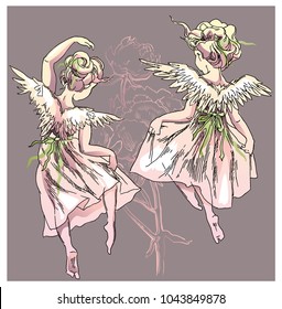 Angel and flowers vector illustration. Drawing of peony flowers and Angel girl flying.