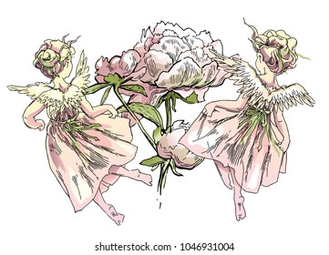 Angel and flowers vector illustration. Drawing of peony flowers and Angel girl flying.