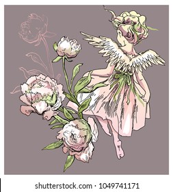 Angel and flowers vector illustration. Drawing of peony flowers and Angel girl flying.