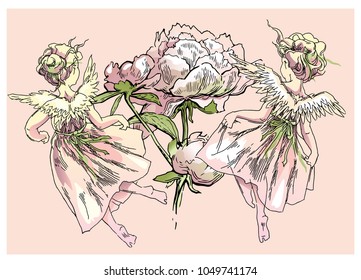 Angel and flowers vector illustration. Drawing of peony flowers and Angel girl flying.