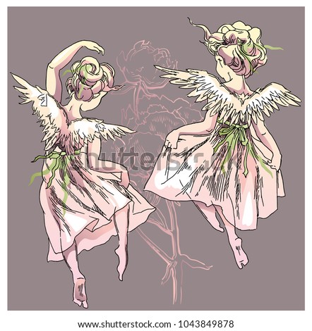 Angel and flowers vector illustration. Drawing of peony flowers and Angel girl flying.