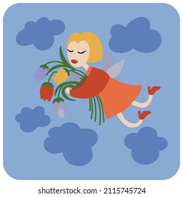 Angel with flowers vector illustration. Happy winged woman. March 8. Minimalistic drawing of an angel woman.