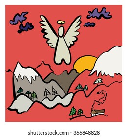 angel flying above the mountains. vector hand drawn illustration in flat style