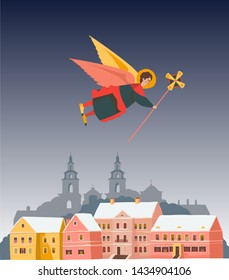 Angel flying above the vector cartoon town, landmark of Minsk, Belarus, Christmas symbol