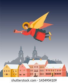 Angel flying above the vector cartoon town, landmark of Minsk, Belarus, Christmas symbol